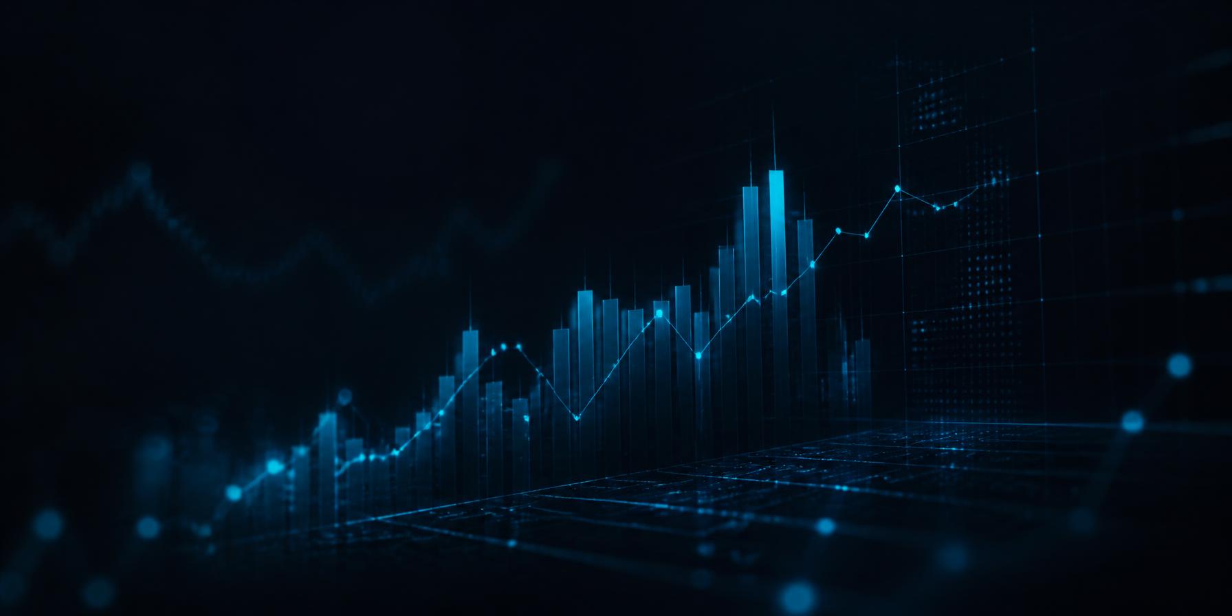 Abstract financial data receding into shadow with faint cyan data points
